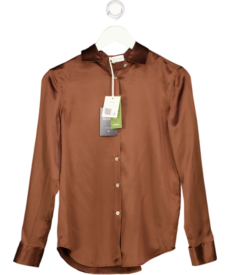 LILYSILK Chocolate Brown 100% Mulberry Silk Shirt UK XS