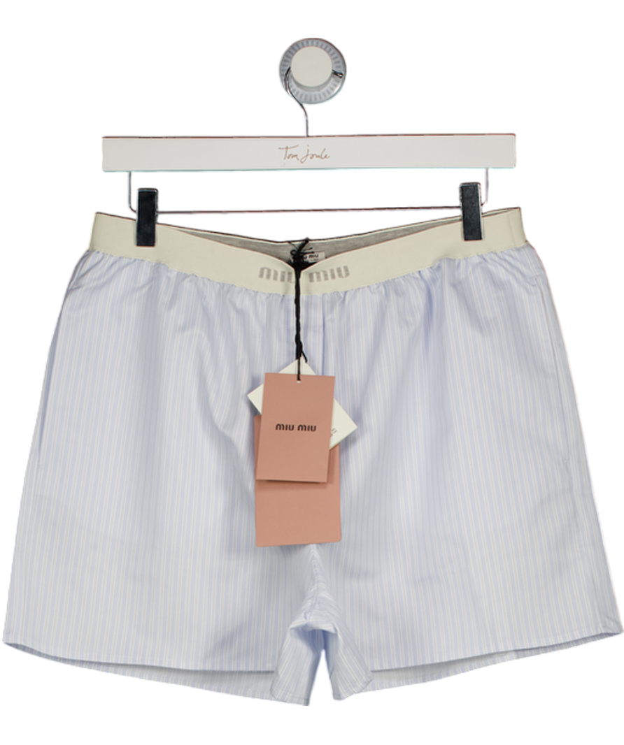MIU MIU Blue & White Striped Logo Waistband Shorts With Pockets Sz2 UK M
