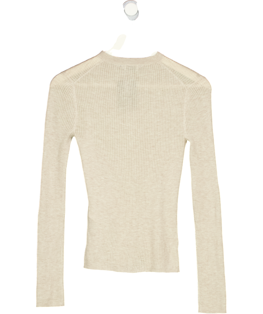 LIME Beige Ribbed Wool Blend Henley Top UK XS