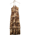 Karen Millen Brown Animal Georgette Crinkle Tiered Halterneck Midi Dress UK 6