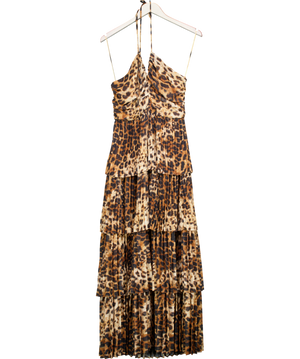 Karen Millen Brown Animal Georgette Crinkle Tiered Halterneck Midi Dress UK 6