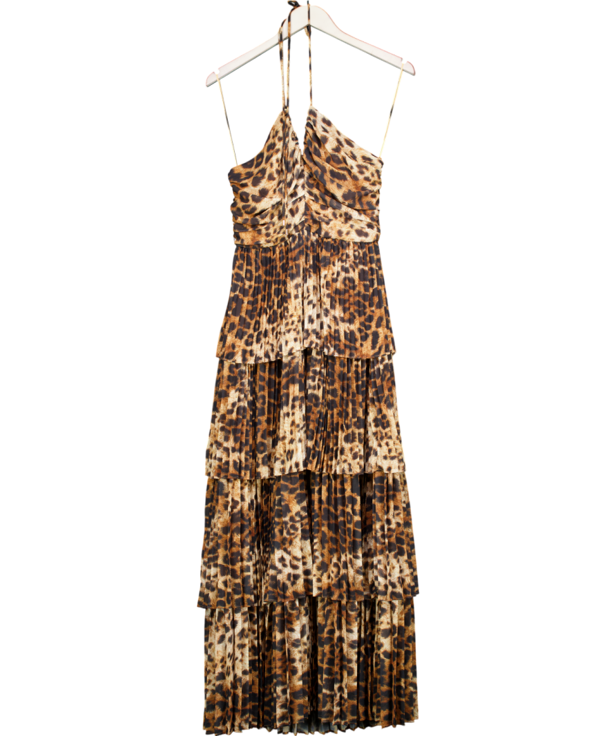 Karen Millen Brown Animal Georgette Crinkle Tiered Halterneck Midi Dress UK 6