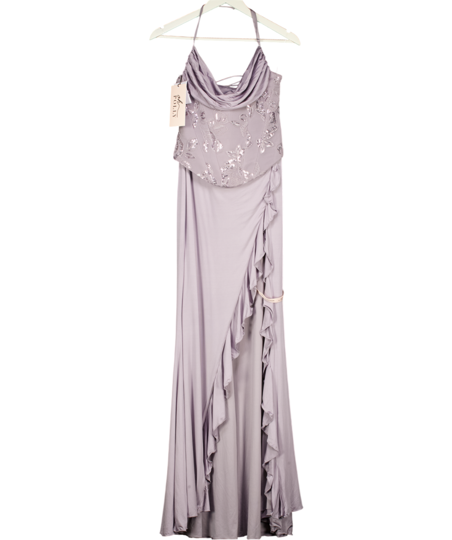 OH POLLY Miravie Embellished Cowl-neck Ruffled Gown Dress In Dusty Purple UK 8