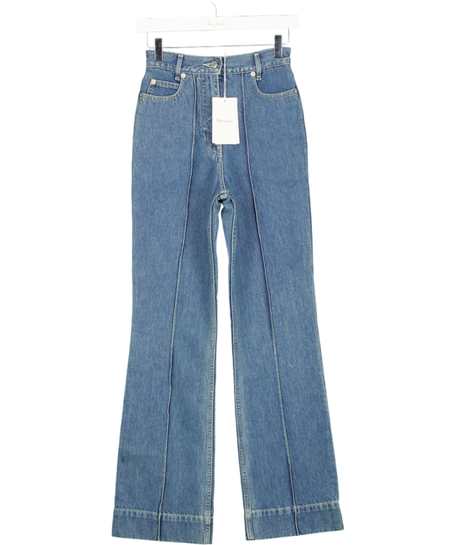 MERLETTE NYC Mid Blue Wash Beacon High Rise Straight Leg Seam Front Jeans W24