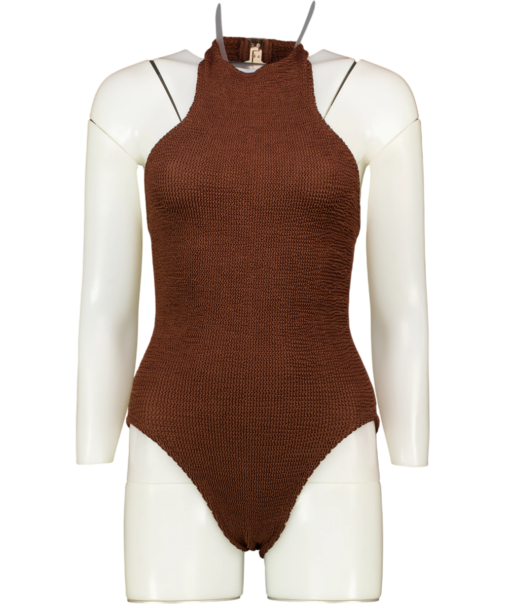 HUNZA G Chocolate Brown Polly Halterneck Seersucker Swimsuit One Size