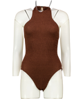 HUNZA G Chocolate Brown Polly Halterneck Seersucker Swimsuit One Size