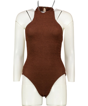 HUNZA G Chocolate Brown Polly Halterneck Seersucker Swimsuit One Size