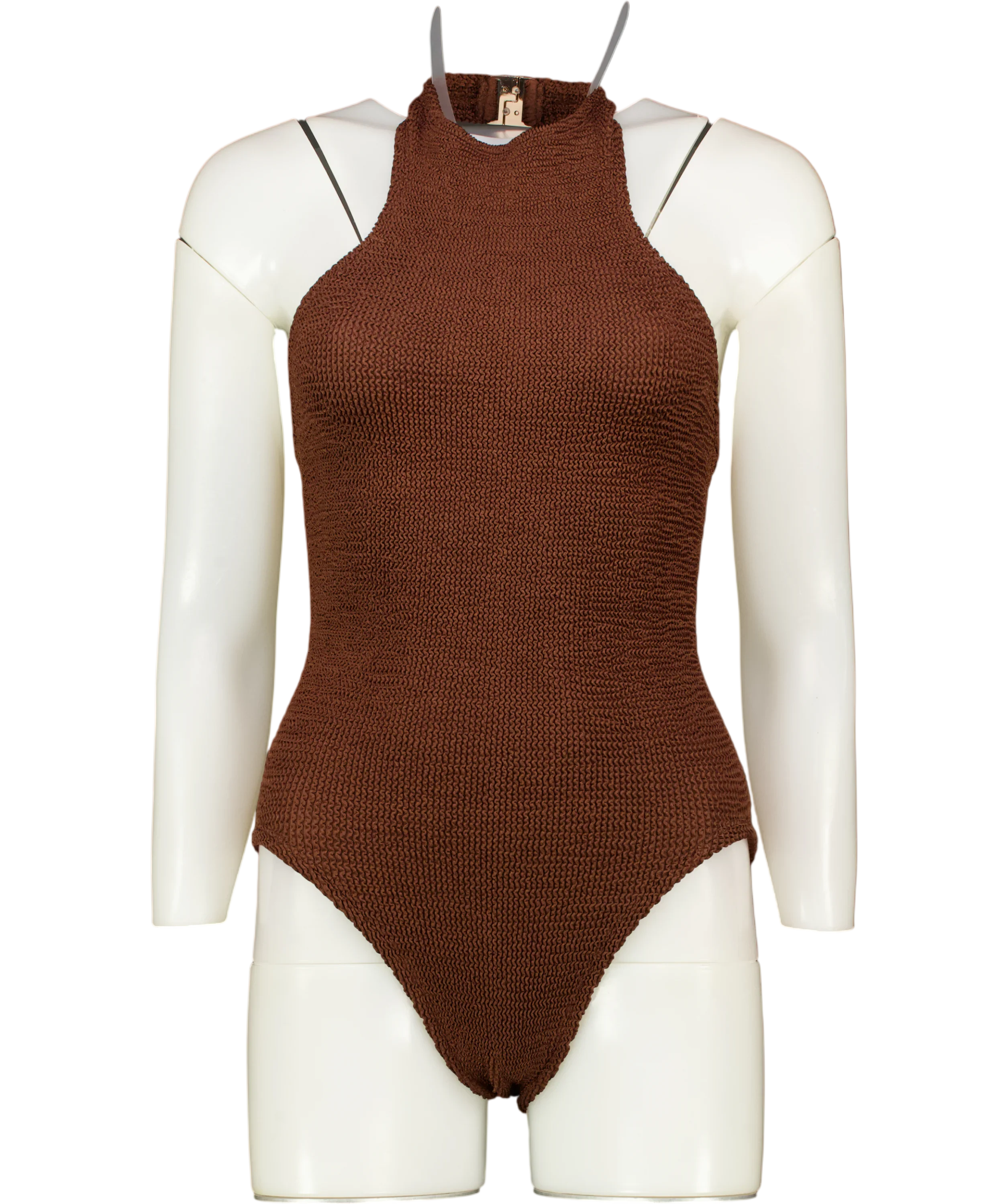 HUNZA G Chocolate Brown Polly Halterneck Seersucker Swimsuit One Size