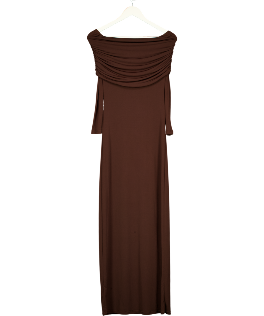PRETTY LAVISH Brown Perrie Bardot Jersey Maxi Dres UK 6