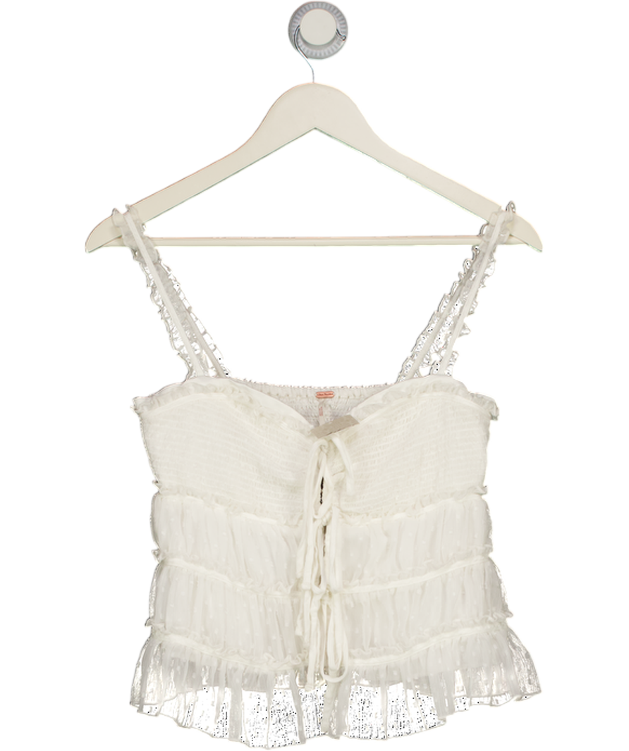FREE PEOPLE White Tie Front Swiss Dot Cami Top With Ruffle Detail UK S