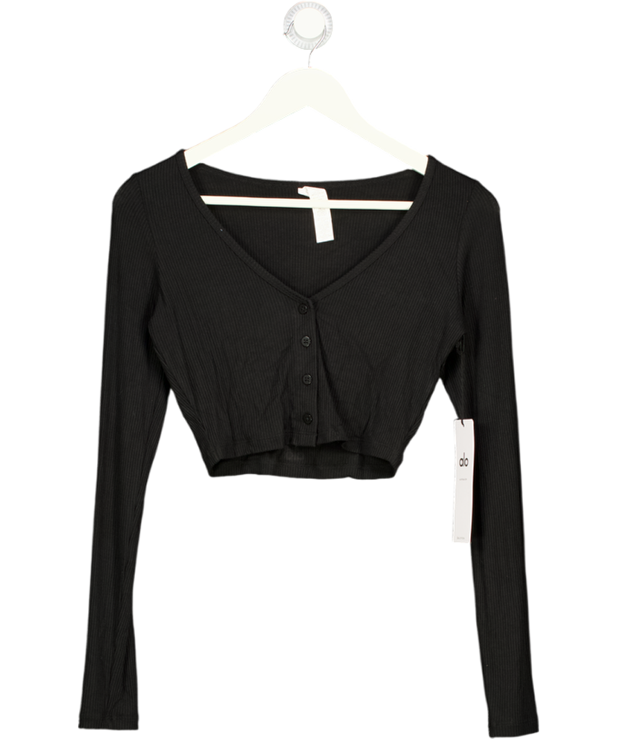 ALO Black Whisper Ribbed Stretch-jersey Cardigan UK S