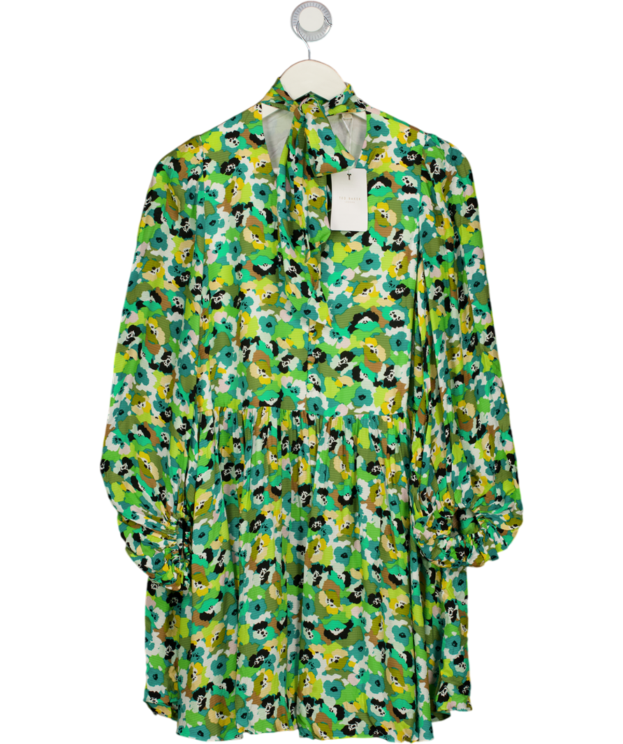 green floral ted baker dress TED BAKER Green Floral Ilva Tie Neck Mini Dress Sz1 UK S – Reliked