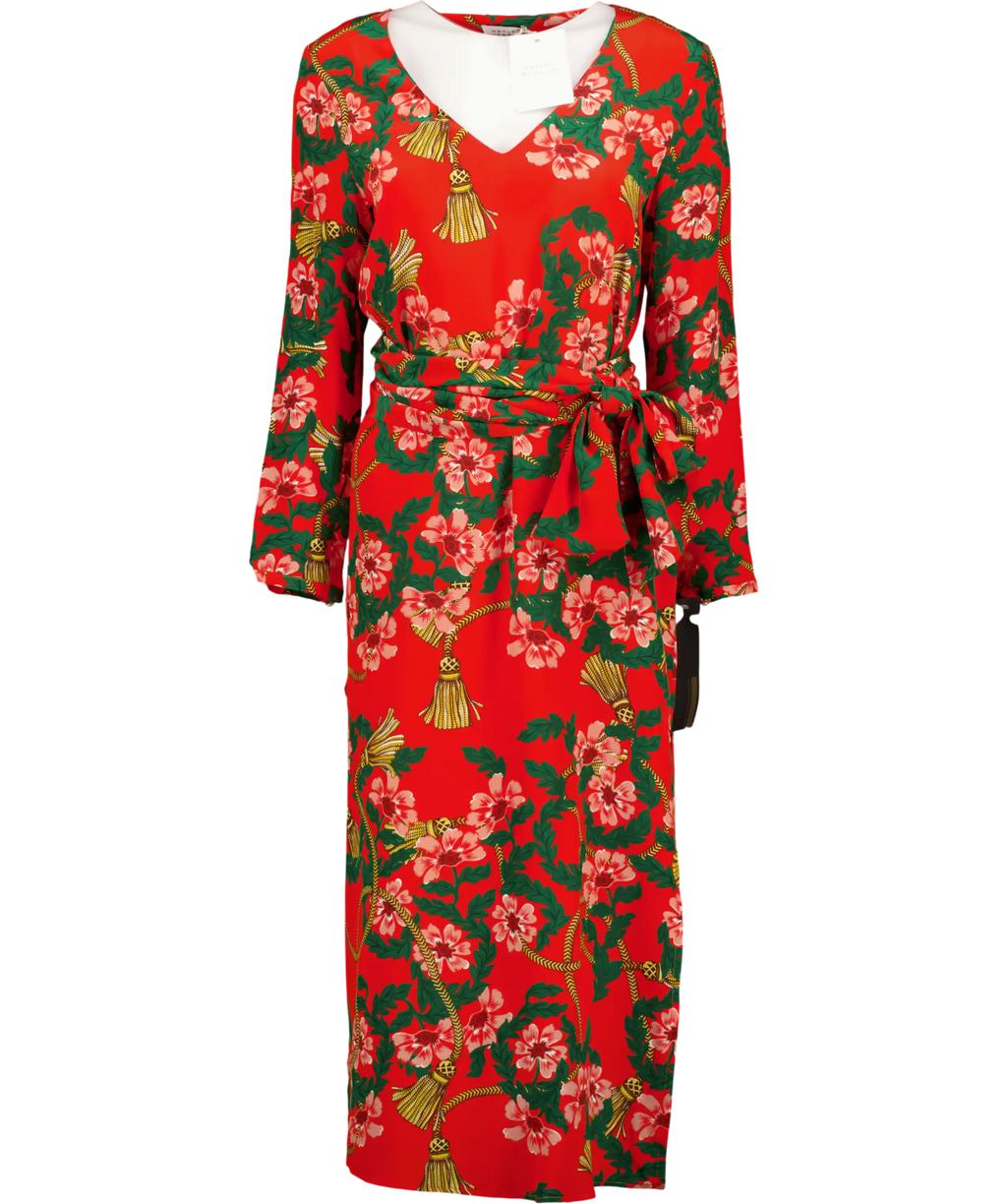 Hayley Menzies Red Eden Floral Silk Belted Dress UK S