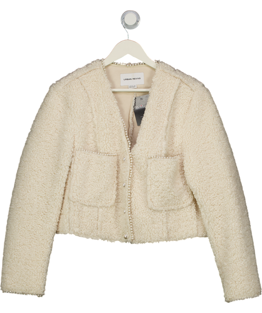 Urban Revivo Cream Pearl Trim Faux Shearling Jacket UK 12
