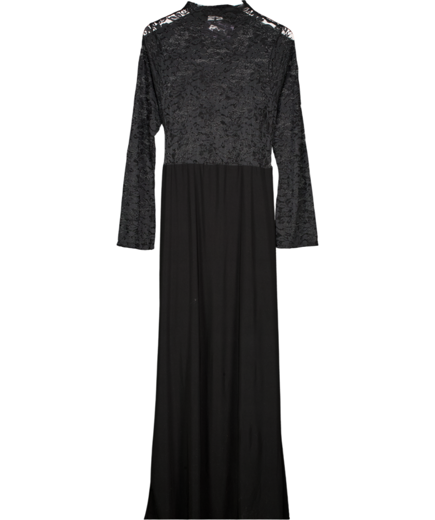 ASOS Black High Neck Long Sleeve Sheer Lace With Draped Waist Maxi Dress UK L