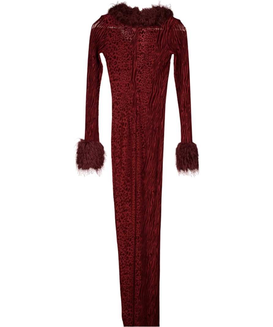 MISS CIRCLE Burgundy Red Leopard Burnout Velvet Mesh Maxi Dress UK XS