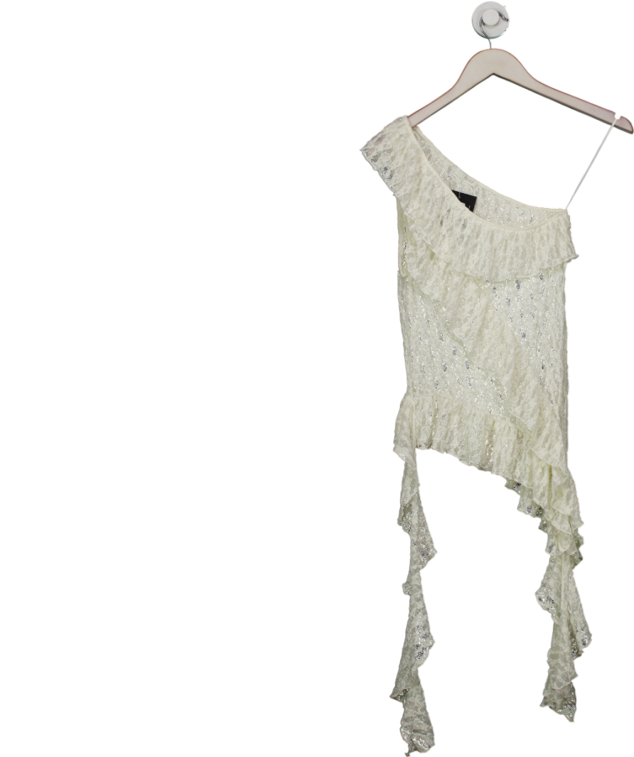 ZARA White Semi Sheer Asymmetric Ruffled Lace Top UK S