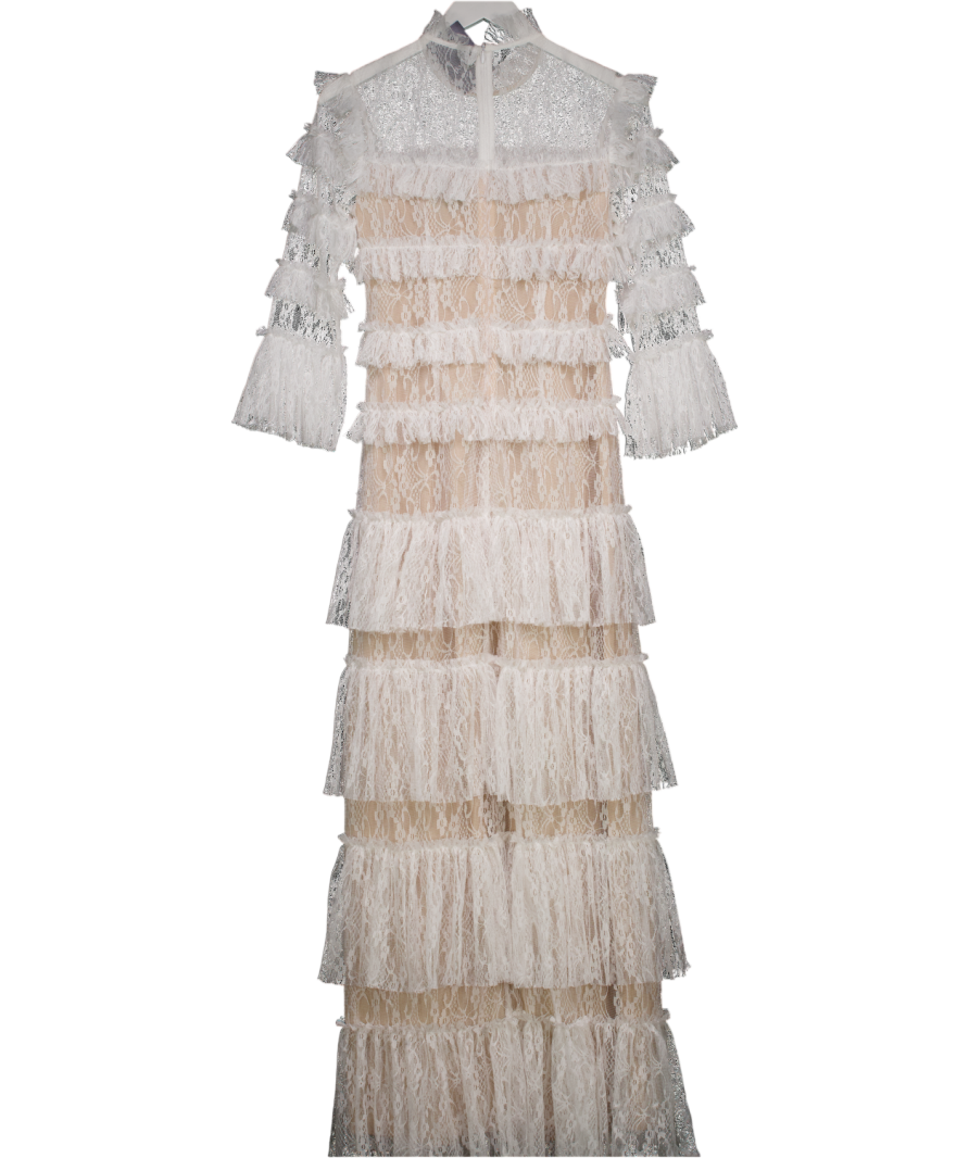 BY MALINA White Lace Carmone Ruffled Detailed Maxi Dress UK S