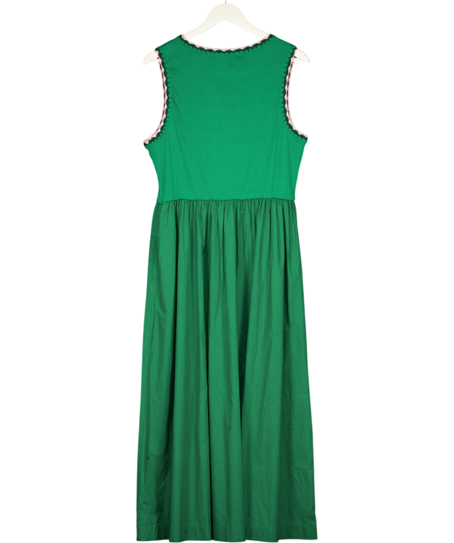 Oliver Bonas Green & Pink Crochet Trim Cotton Midi Dress UK 8