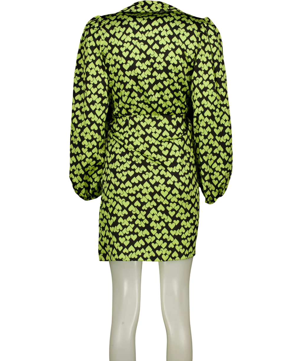New Look Yellow Heart Print Long Sleeve Tie Waist Mini Dress UK 8