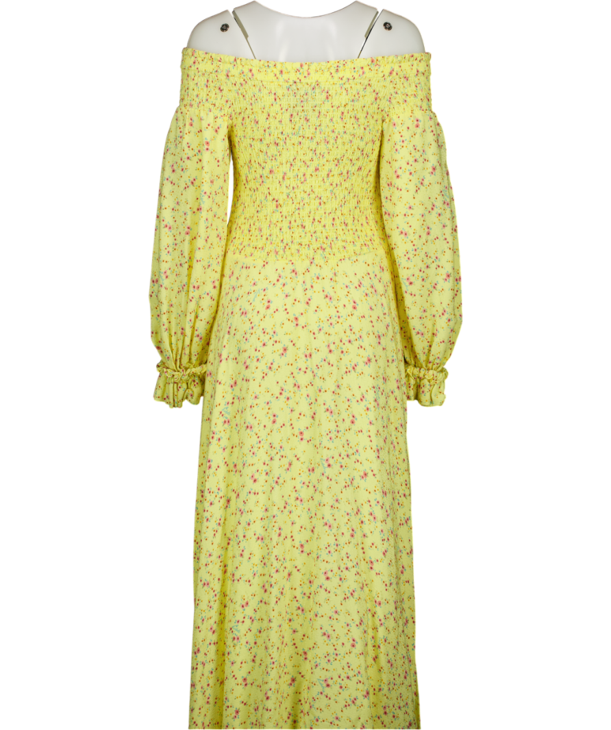 ROTATE BIRGER CHRISTENSEN Lemon Yellow Ditsy Floral Shirred On/ Off The Shoulder Viscose Maxi Dress UK 12