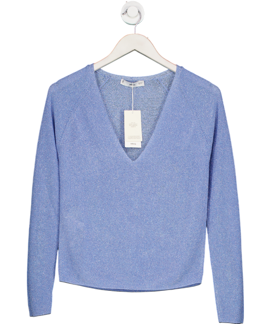 MANGO Cornflower Blue V-neck Fine Knit Lurex Sweater UK S
