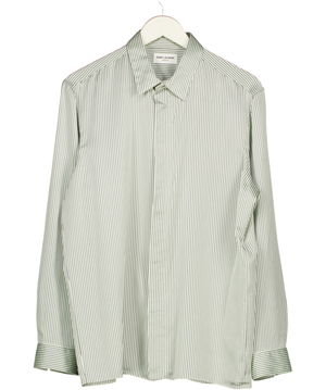 Saint Laurent Pale Green / Navy 100% Silk Striped Shirt 15 1/2 " Neck UK M