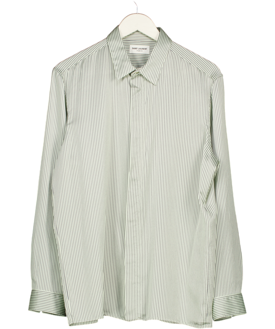 Saint Laurent Pale Green / Navy 100% Silk Striped Shirt 15 1/2 " Neck UK M