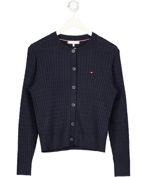TOMMY HILFIGER Blue Cotton Flag Logo Cable Knit Polo Cardigan UK XS