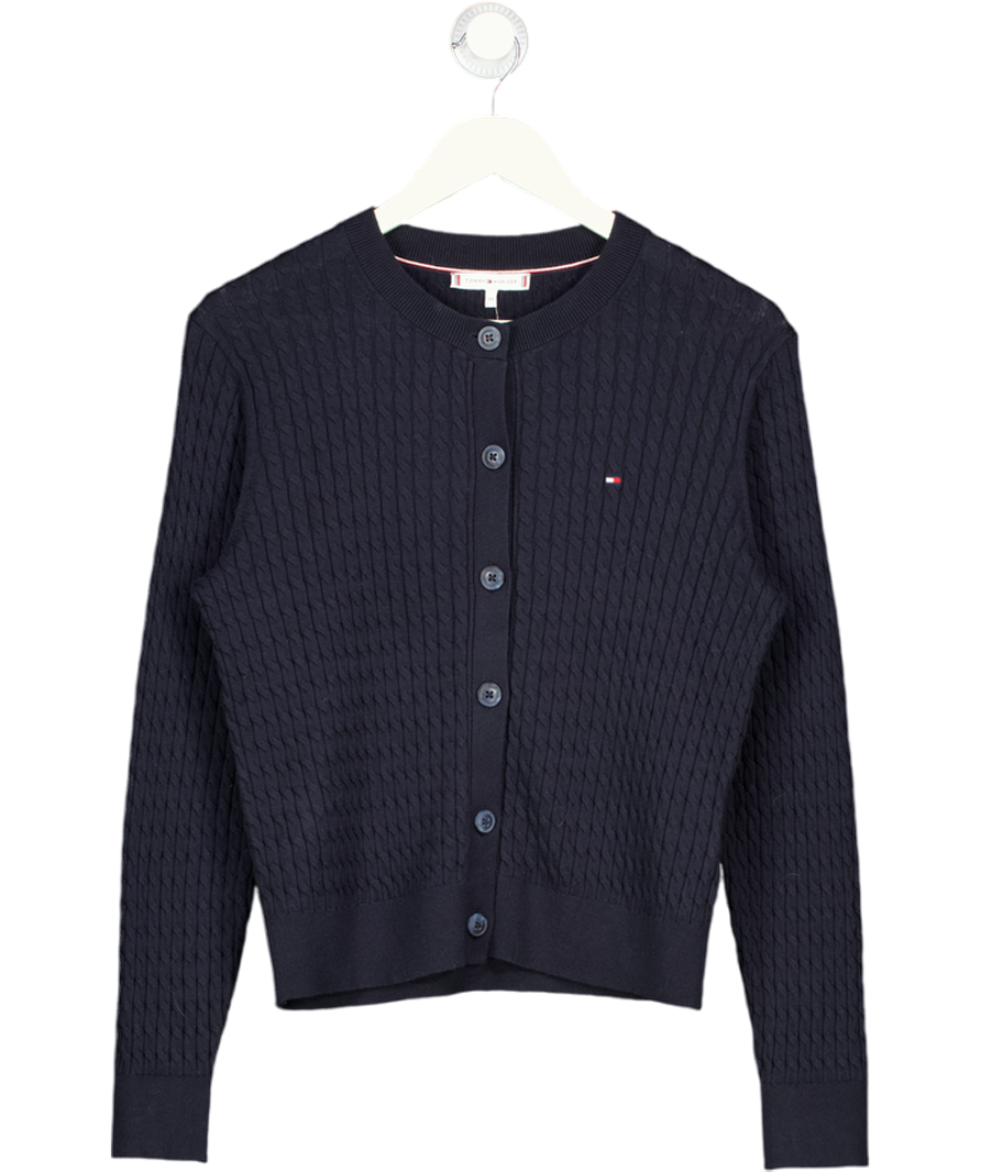 TOMMY HILFIGER Blue Cotton Flag Logo Cable Knit Polo Cardigan UK XS