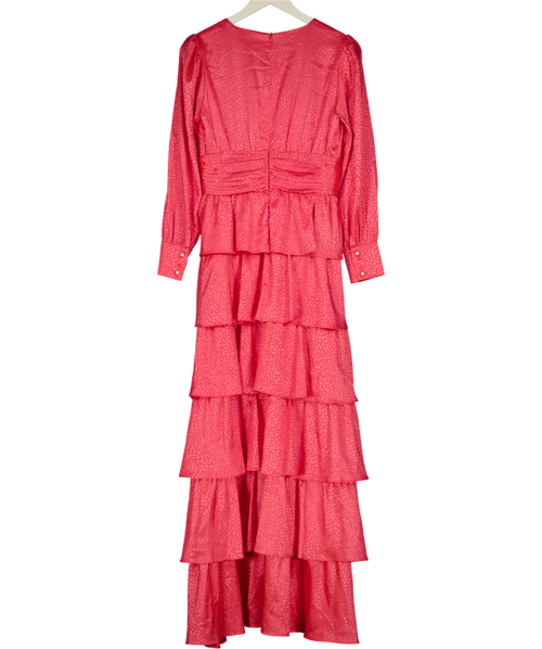 OLIVIA RUBIN Pink Satin Jacquard Tiered Midi Dress UK 8