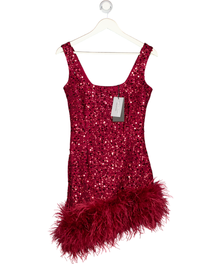 NADINE MERABI Red Beaded Sequin Feather Trim Evie Dress UK S/M