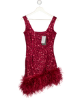 NADINE MERABI Red Beaded Sequin Feather Trim Evie Dress UK S/M