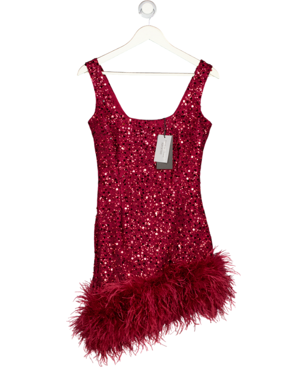 NADINE MERABI Red Beaded Sequin Feather Trim Evie Dress UK S/M