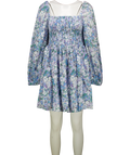 & OTHER STORIES Blue Floral Smocked Puff Sleeve  Square Neck Mini Dress UK 14