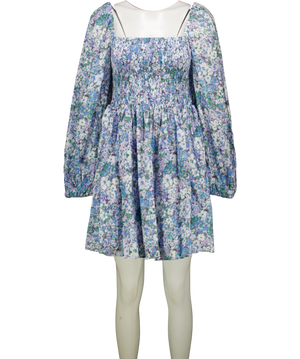 & OTHER STORIES Blue Floral Smocked Puff Sleeve  Square Neck Mini Dress UK 14