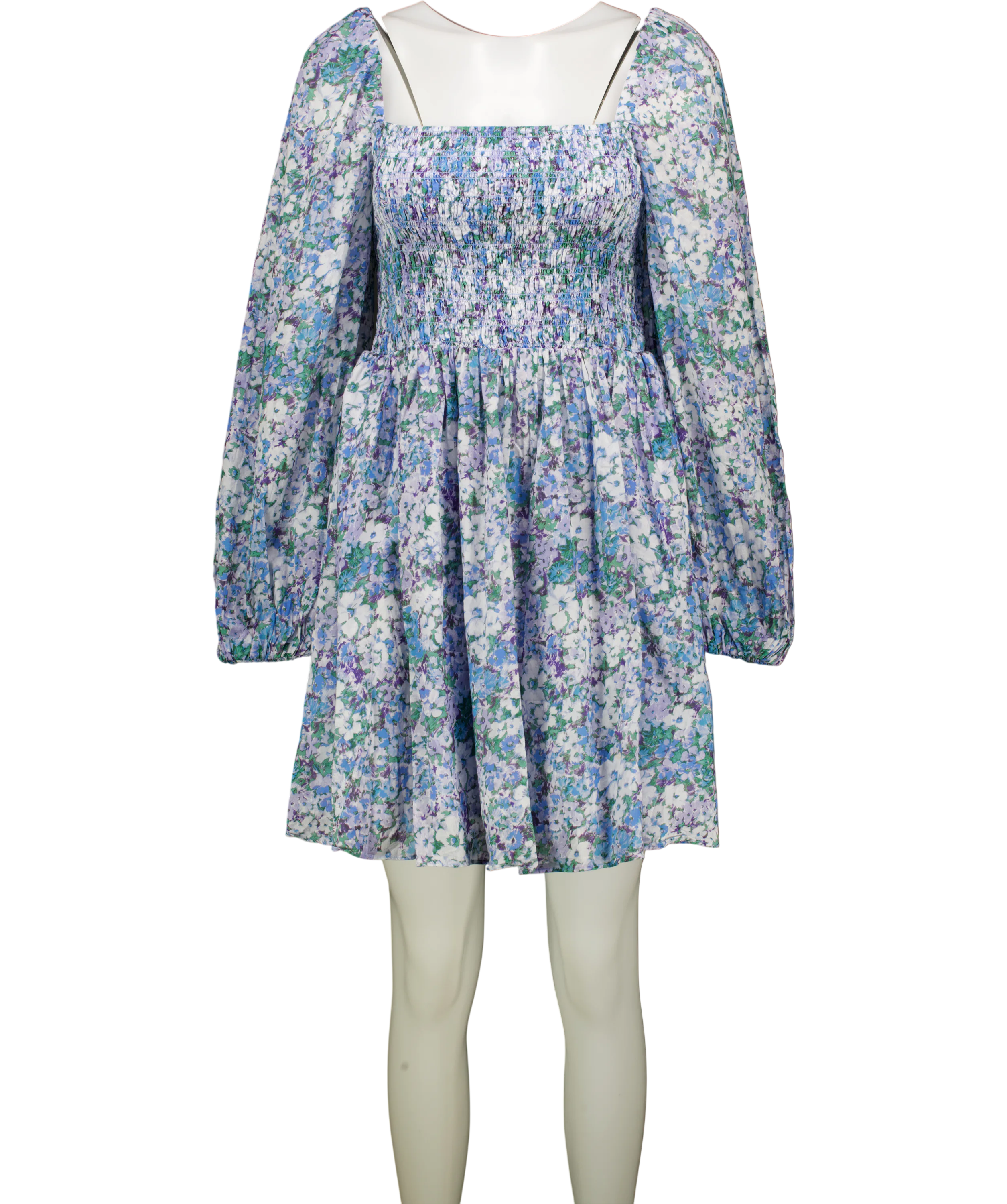 & OTHER STORIES Blue Floral Smocked Puff Sleeve  Square Neck Mini Dress UK 14