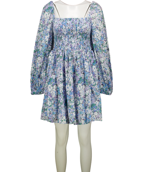 & OTHER STORIES Blue Floral Smocked Puff Sleeve  Square Neck Mini Dress UK 14