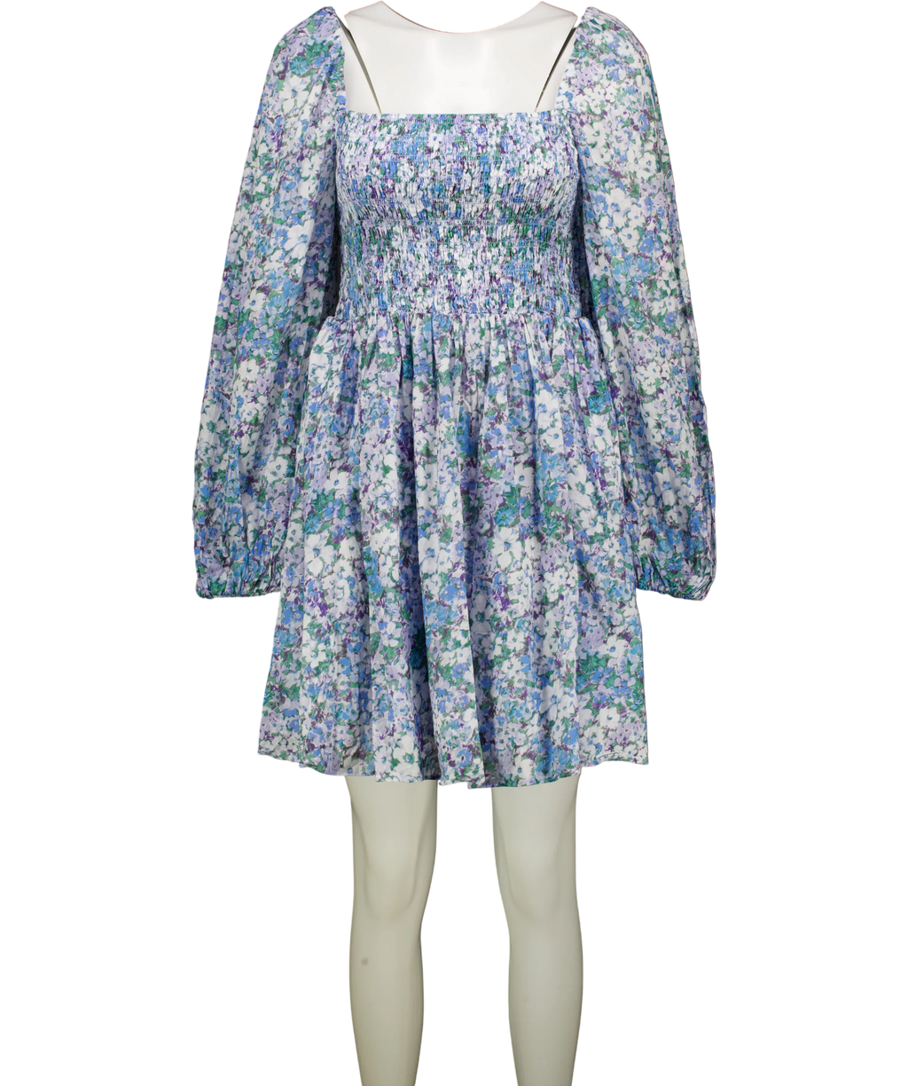& OTHER STORIES Blue Floral Smocked Puff Sleeve  Square Neck Mini Dress UK 14