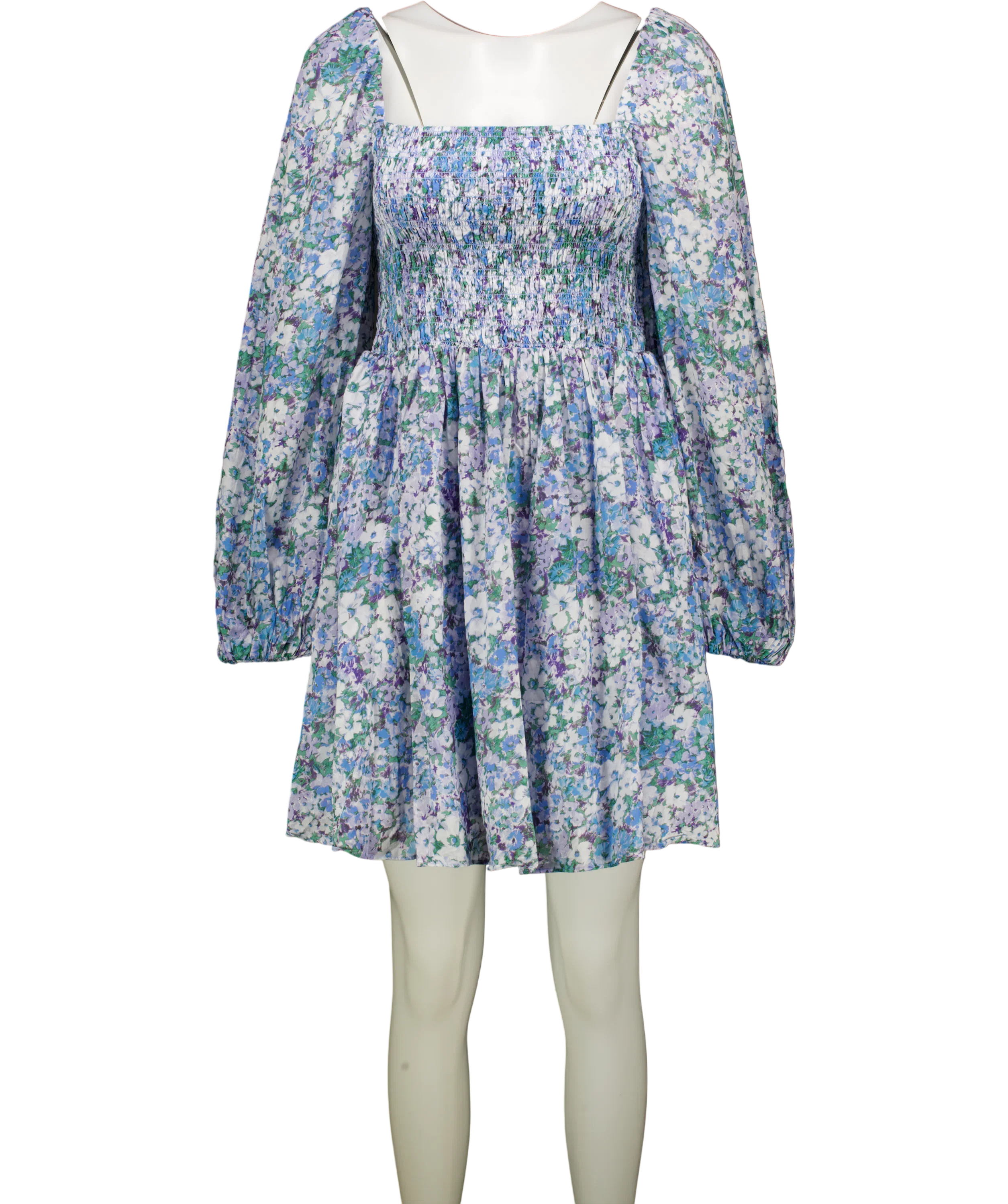 & OTHER STORIES Blue Floral Smocked Puff Sleeve  Square Neck Mini Dress UK 14