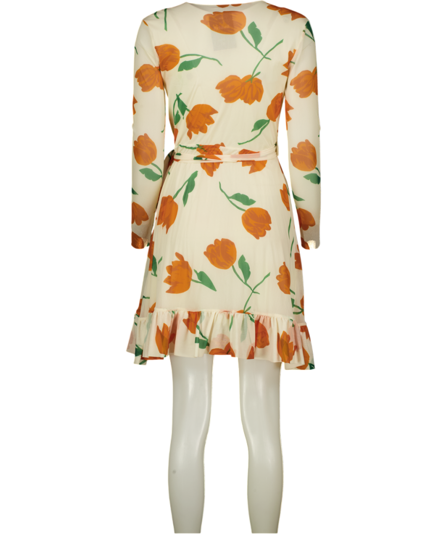 Ganni Orange & Off - White Floral Tulip Wrap Mini Mesh Dress UK S