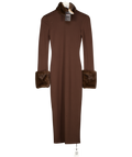 CAMILA COELHO Chocolate Brown Fur Trim Long Sleeve Dress UK XXS