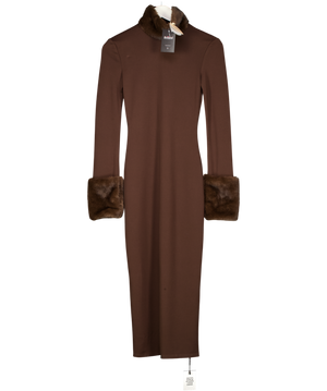 CAMILA COELHO Chocolate Brown Fur Trim Long Sleeve Dress UK XXS