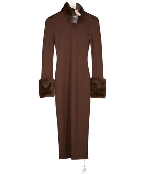 CAMILA COELHO Chocolate Brown Fur Trim Long Sleeve Dress UK XXS