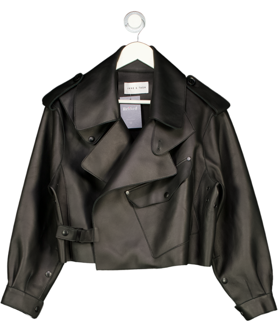 JANE & TASH Black Oversized Leather Jacket UK S
