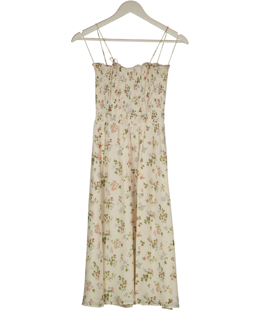 REFORMATION Cream Floral Tie Shoulder Shirred Bodice Midi Dress UK XS