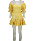 CHARO RUIZ IBIZA Yellow Jean Broderie Puff Sleeve Belted Mini Dress UK S