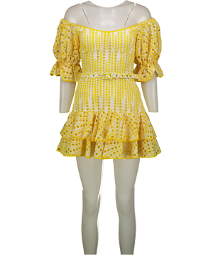 CHARO RUIZ IBIZA Yellow Jean Broderie Puff Sleeve Belted Mini Dress UK S