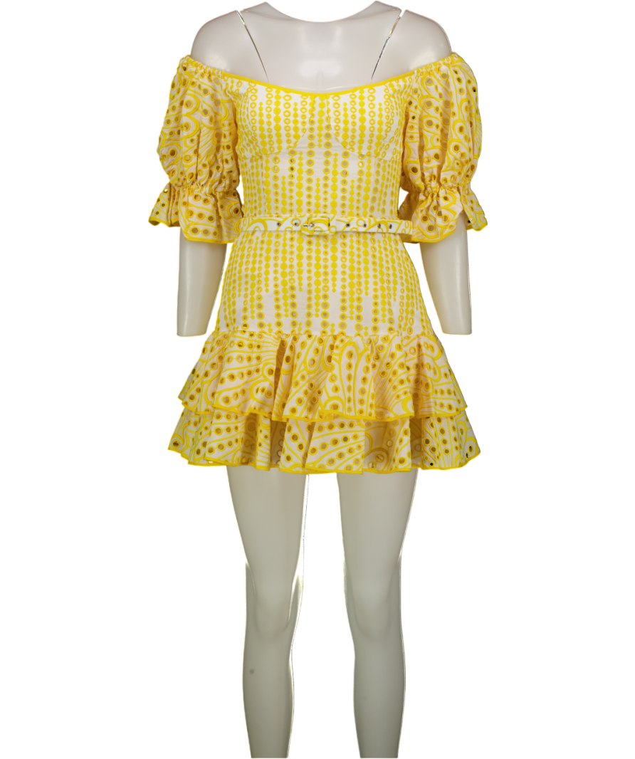 CHARO RUIZ IBIZA Yellow Jean Broderie Puff Sleeve Belted Mini Dress UK S