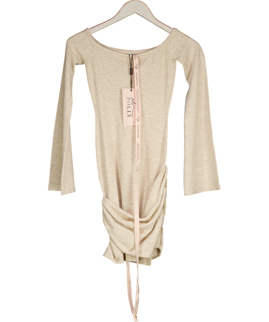 Oh Polly Beige Luzia Knit Scarf-detail Off-shoulder Mini Dress UK XS